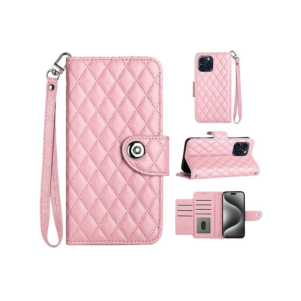 Compatible Iphone 15 Plus Rhombic Texture Flip Leather Phone Case With Lanyard: Pink 3225532134871