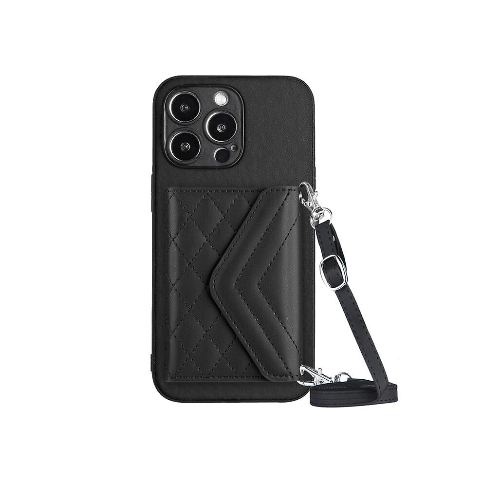 Compatible Iphone Se 2022 / Se 2020 Rhombic Texture Card Bag Rfid Phone Case With Long Lanyard: Black 5207287339778