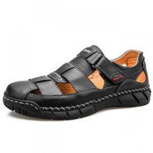 Brown Cowhide Outdoor Casual Men Slippers:38-Black