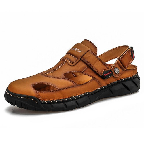 Brown Cowhide Outdoor Casual Men Slippers:43-Brown1
