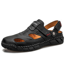 Brown Cowhide Outdoor Casual Men Slippers:39-Black1