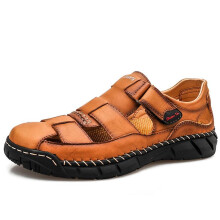 Brown Cowhide Outdoor Casual Men Slippers:39-Brown