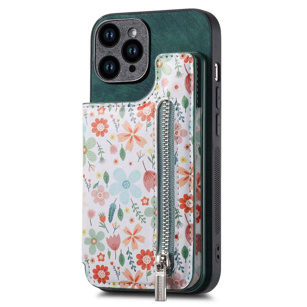 Compatible Iphone 14 Retro Painted Zipper Wallet Back Phone Case: Green 6006271345585