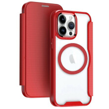 Compatibel met iPhone 14 Plus MagSafe RFID-blokkerende, adsorptie-flip-telefoonhoes van leer: rood