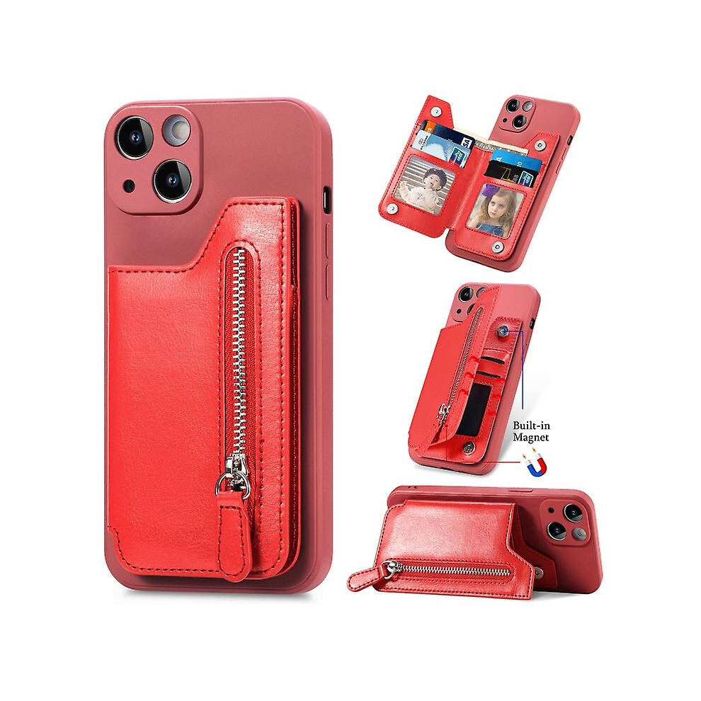 Compatible Iphone 15 Zipper Wallet Leather Back Shockproof Phone Case: Red 5421786257139