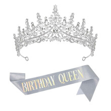 Birthday Crowns for Women Silver Birthday Queen Sash and Tiara Set Rhinestone Princess Headband for Birth Day Party