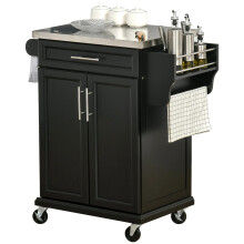 Rolling Kitchen Cart Storage Trolley with Drawer Towel Rail Steel Black