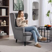 (Grey) HOMCOM Wingback Chair, Modern Accent Chair for Living Room Bedroom