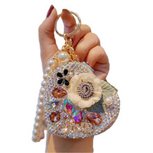 Folding Mirror Keychain Women Portable Makeup Mirror Rhinestone Faux Pearl Chain Sparkling Mirror Pendant for Touch-Ups Handbag