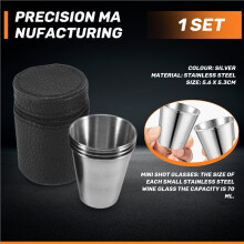 Stainless Steel Shot Cups, Set of 4 Cups, Metal Shot Glasses, Stackable, Hip Flask Small with Leather Bag for Outdoor
