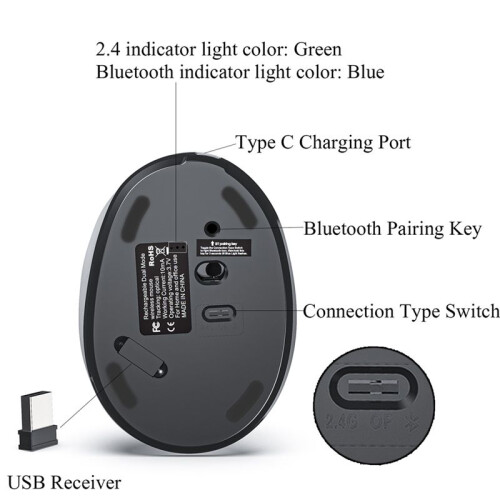 Rechargeable Dual Mode USB 2.4G Wireless +  Mouse Vertical Ergonomic Optical Mice for Computer Notebook Gray 2