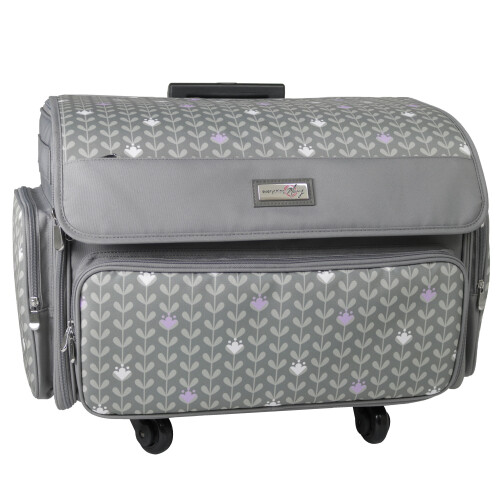 XL 4 Wheel Collapsible Deluxe Rolling Sewing Machine Storage Case, Grey & White