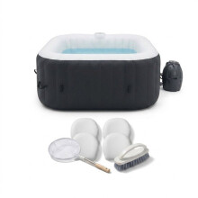 KIT TOUT INCLUS SUNSPA: quadratisches aufblasbares Spa für 6 Personen und Zubehör: 4 Kopfstützen, Filter, Kescher, Bürste, Matte, Decke