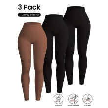 Ribbed Sports Leggings, Seamless Yoga Leggings - Vertical Rib Knit (3-Pack)
