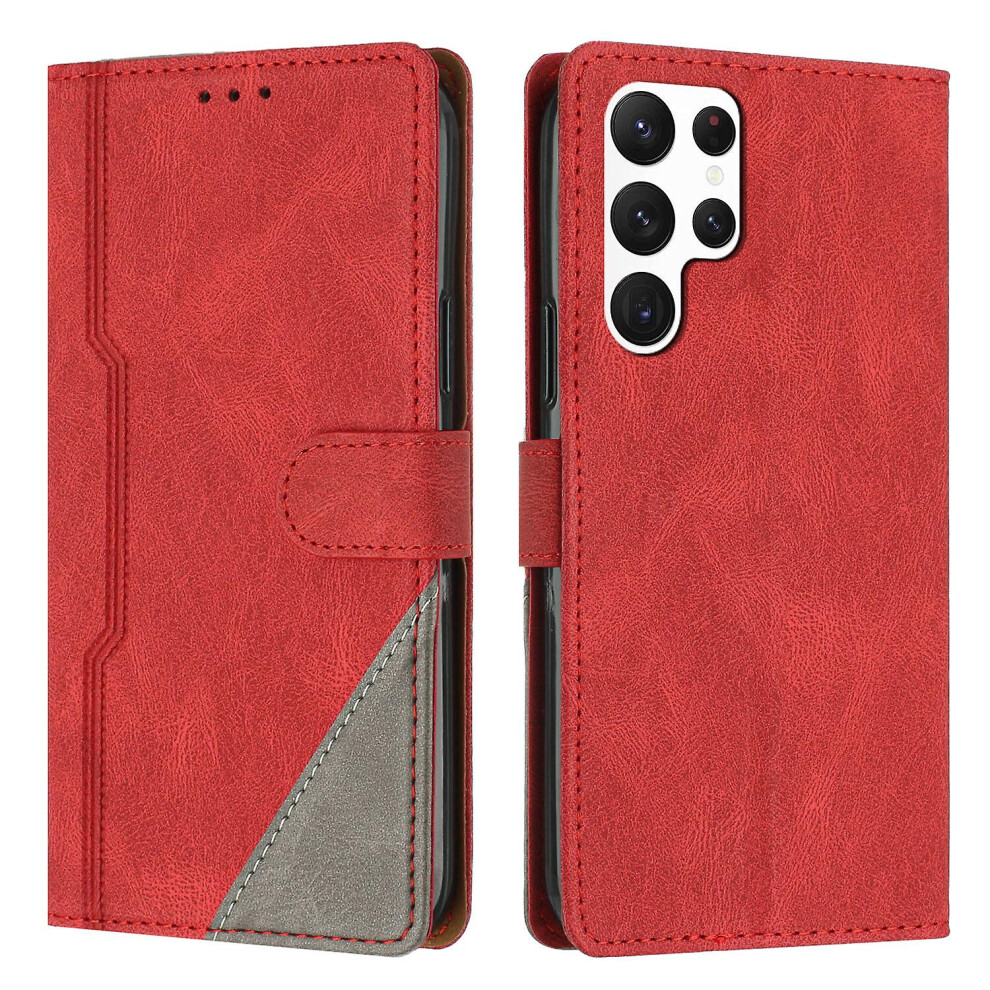 Leather Magnetic Clasp Case With Flip Wallet Stand Function Cover Compatible Samsung S22 Ultra: Red 4335646372157