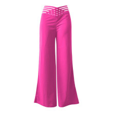 Women Wide Leg Flared Pants casual Crisscross Sheer Mesh Patch High Waist Trousers Elegant Streetwear Work Pants:L-Red