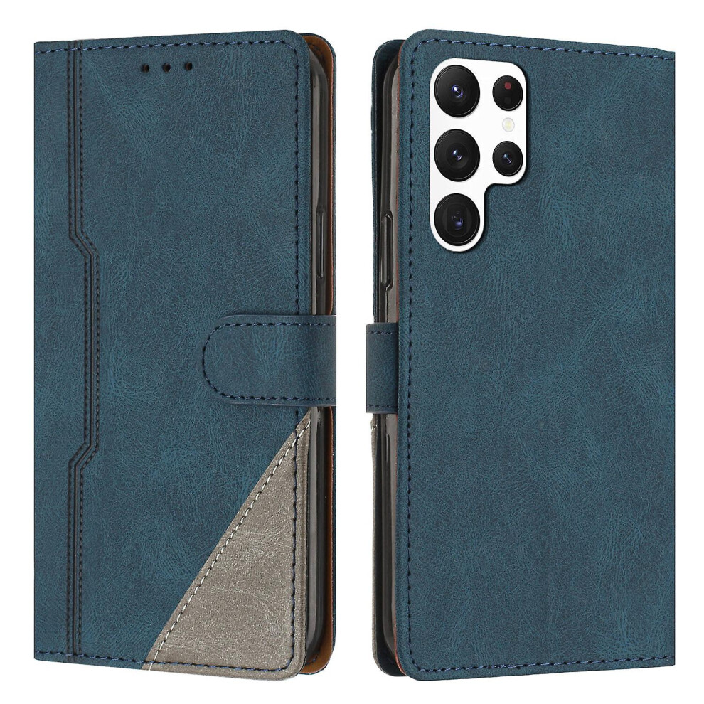 Leather Magnetic Clasp Case With Flip Wallet Stand Function Cover Compatible Samsung S22 Ultra: Blue 4335646372119