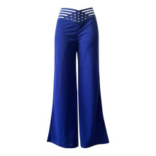 Women Wide Leg Flared Pants casual Crisscross Sheer Mesh Patch High Waist Trousers Elegant Streetwear Work Pants:2XL-Blue