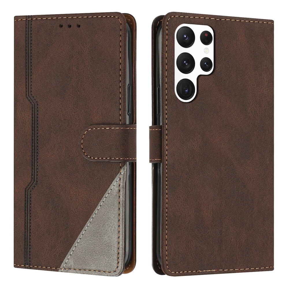 Leather Magnetic Clasp Case With Flip Wallet Stand Function Cover Compatible Samsung S22 Ultra: Brown 4335646372126