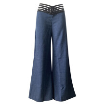 Women Wide Leg Flared Pants casual Crisscross Sheer Mesh Patch High Waist Trousers Elegant Streetwear Work Pants:L-Light Blue