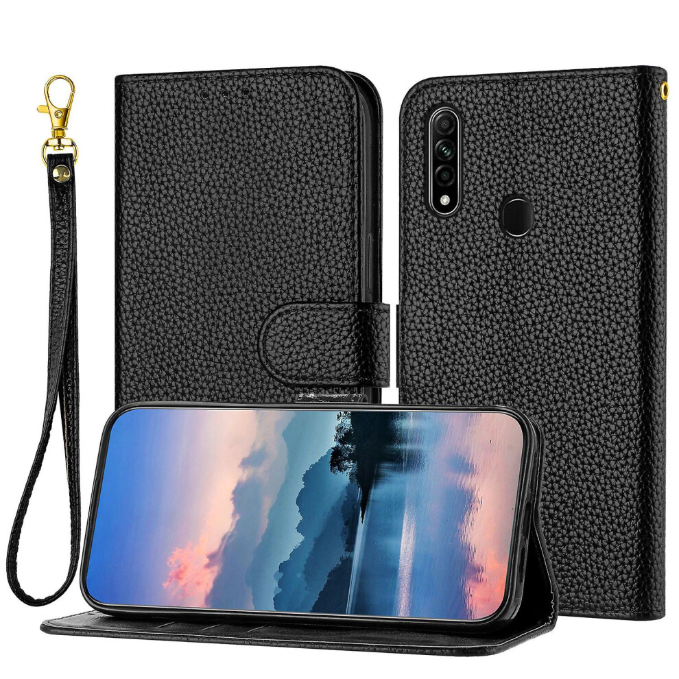 Compatible Oppo A8 A31 Case, Litchi Pu Leather Folio Cover Magnetic Closure Flip Wallet Card Slots Stand Case With Hand Strap,: Grain/Brown/Black 4984195313793