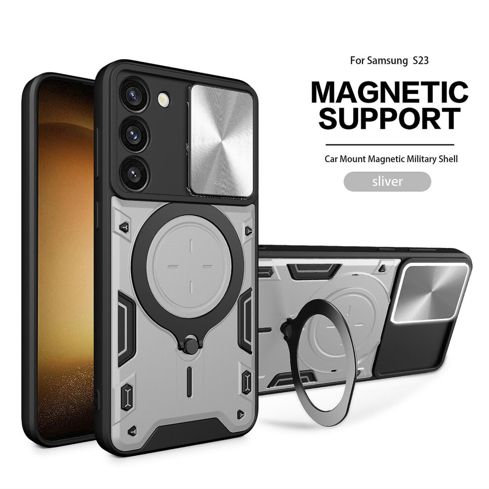 Magnetic Phone Case Compatible Samsung S23, Slide Camera Lens Protection And Built In 360 Rotatable Ring Holder:silvery 4124896237114