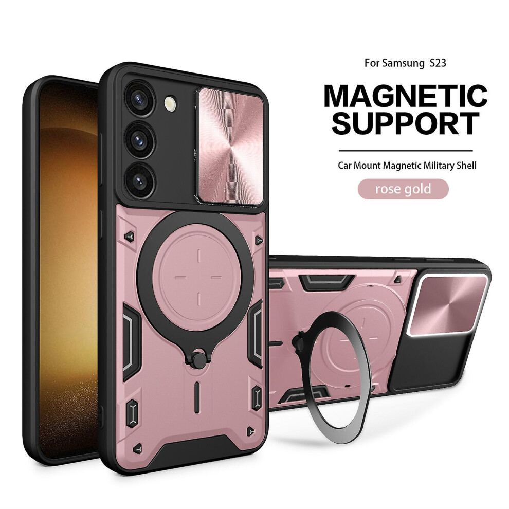 Magnetic Phone Case Compatible Samsung S23, Slide Camera Lens Protection And Built In 360 Rotatable Ring Holder:rose Gold 4124896237107