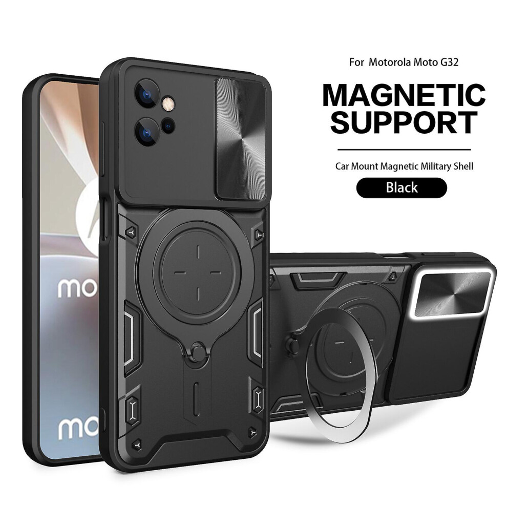 Magnetic Phone Case Compatible Moto G32, Slide Camera Lens Protection And Built In 360 Rotatable Ring Holder: Black 4124896237121