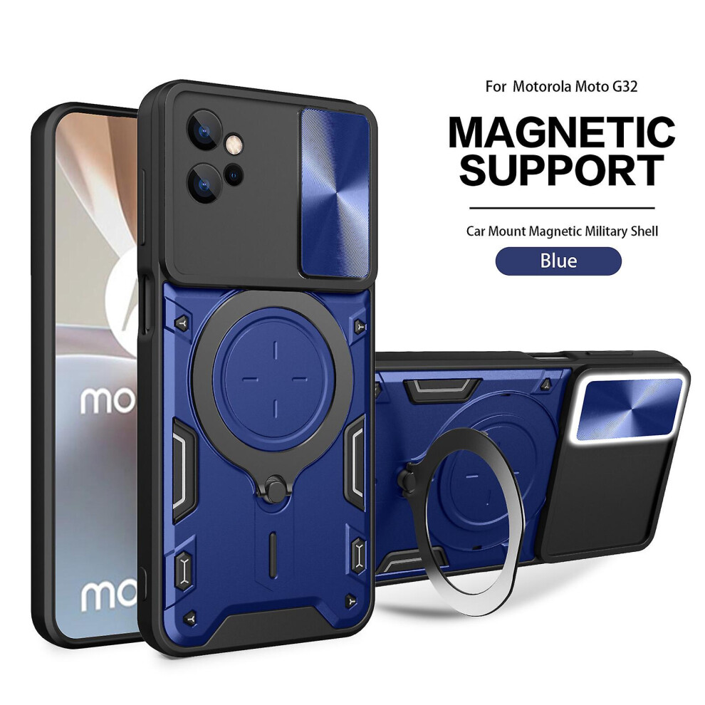 Magnetic Phone Case Compatible Moto G32, Slide Camera Lens Protection And Built In 360 Rotatable Ring Holder: Blue 4124896237138