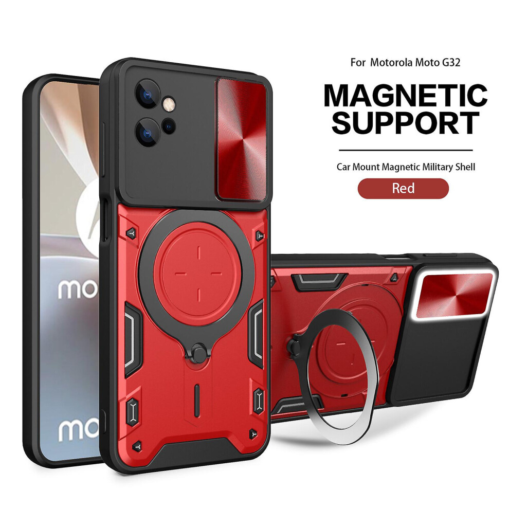 Magnetic Phone Case Compatible Moto G32, Slide Camera Lens Protection And Built In 360 Rotatable Ring Holder: Red 4124896237152