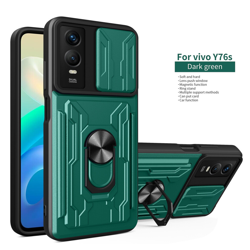 Magnetic Phone Case Compatible Vivo Y76s/ Y76 5G Slide Camera Lens Protection And Built In 360 Rotatable Ring Holder:dark Green 3654584403565