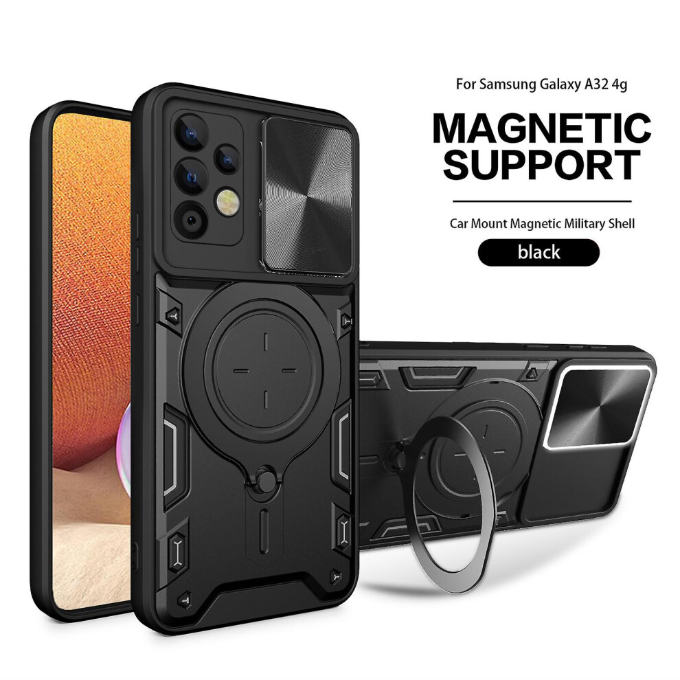Magnetic Phone Case Compatible Samsung A32 4G, Slide Camera Lens Protection And Built In 360 Rotatable Ring Holder: Black 3225532135601