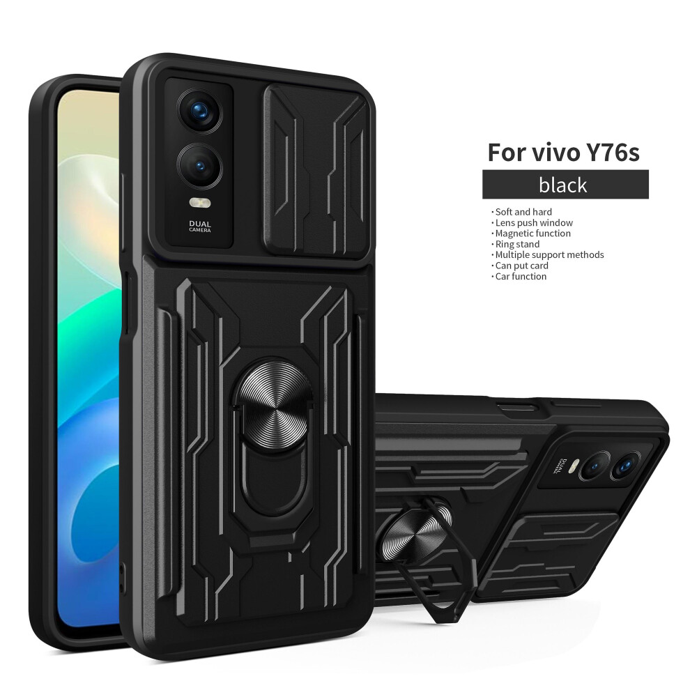Magnetic Phone Case Compatible Vivo Y76s/ Y76 5G Slide Camera Lens Protection And Built In 360 Rotatable Ring Holder: Black 3654584403541