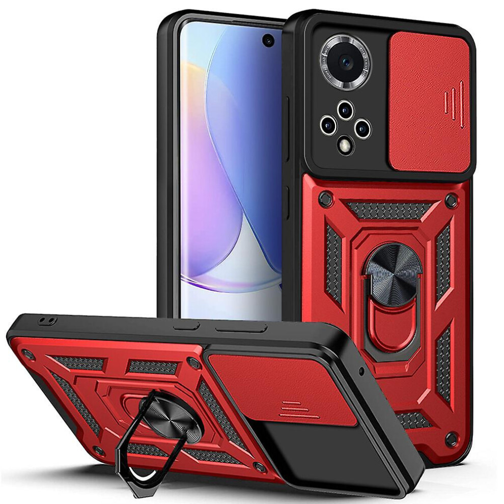 Magnetic Phone Case Compatible Huawei Nova/ 9 Honor 50, Slide Camera Lens Protection And Built In 360 Rotatable Ring Holder: Red 4584695235672
