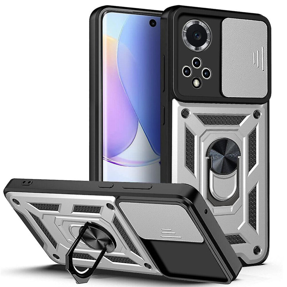 Magnetic Phone Case Compatible Huawei Nova/ 9 Honor 50, Slide Camera Lens Protection And Built In 360 Rotatable Ring Holder: Silver 4584695235696