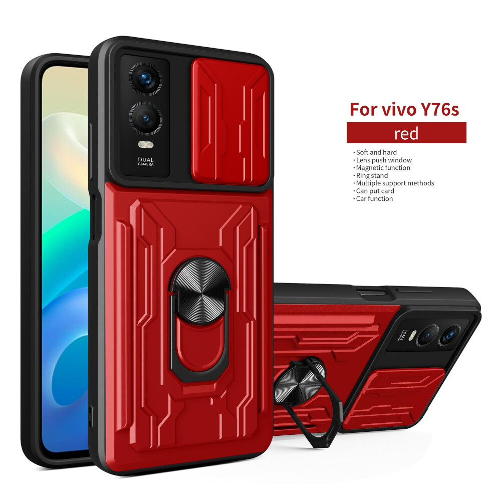Magnetic Phone Case Compatible Vivo Y76s/ Y76 5G Slide Camera Lens Protection And Built In 360 Rotatable Ring Holder: Red 3654584403589