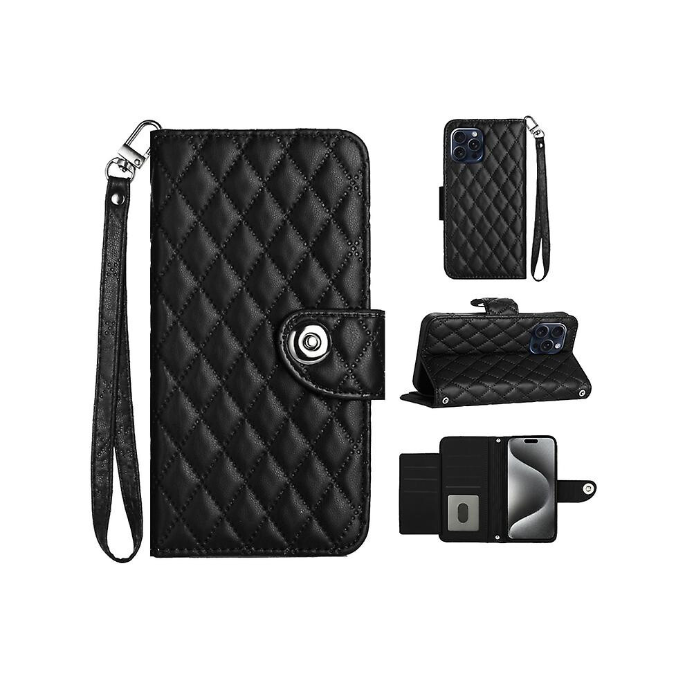 Compatible Iphone 15 Rhombic Texture Flip Leather Phone Case With Lanyard: Black 5207287340880