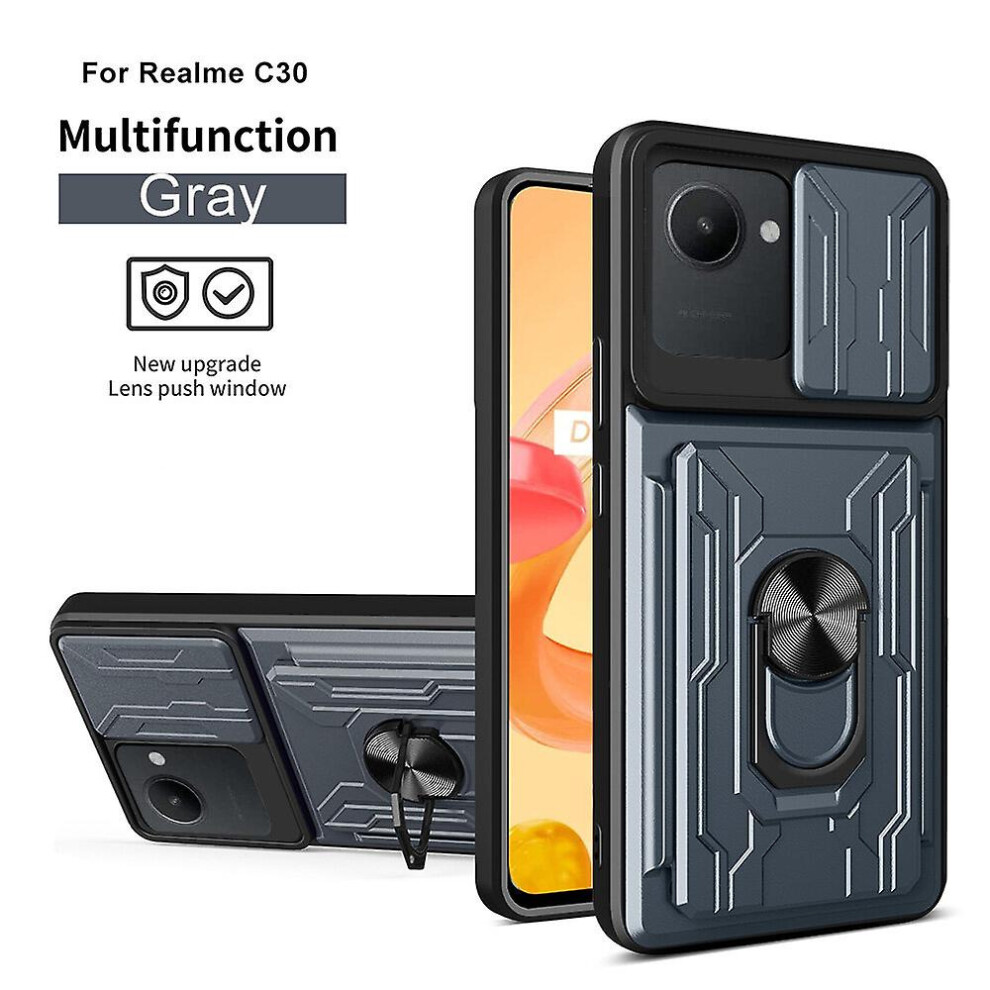 Magnetic Phone Case Compatible Oppo Realme C30 4G Slide Camera Lens Protection And Built In 360 Rotatable Ring Holder: Gray 7357467398700