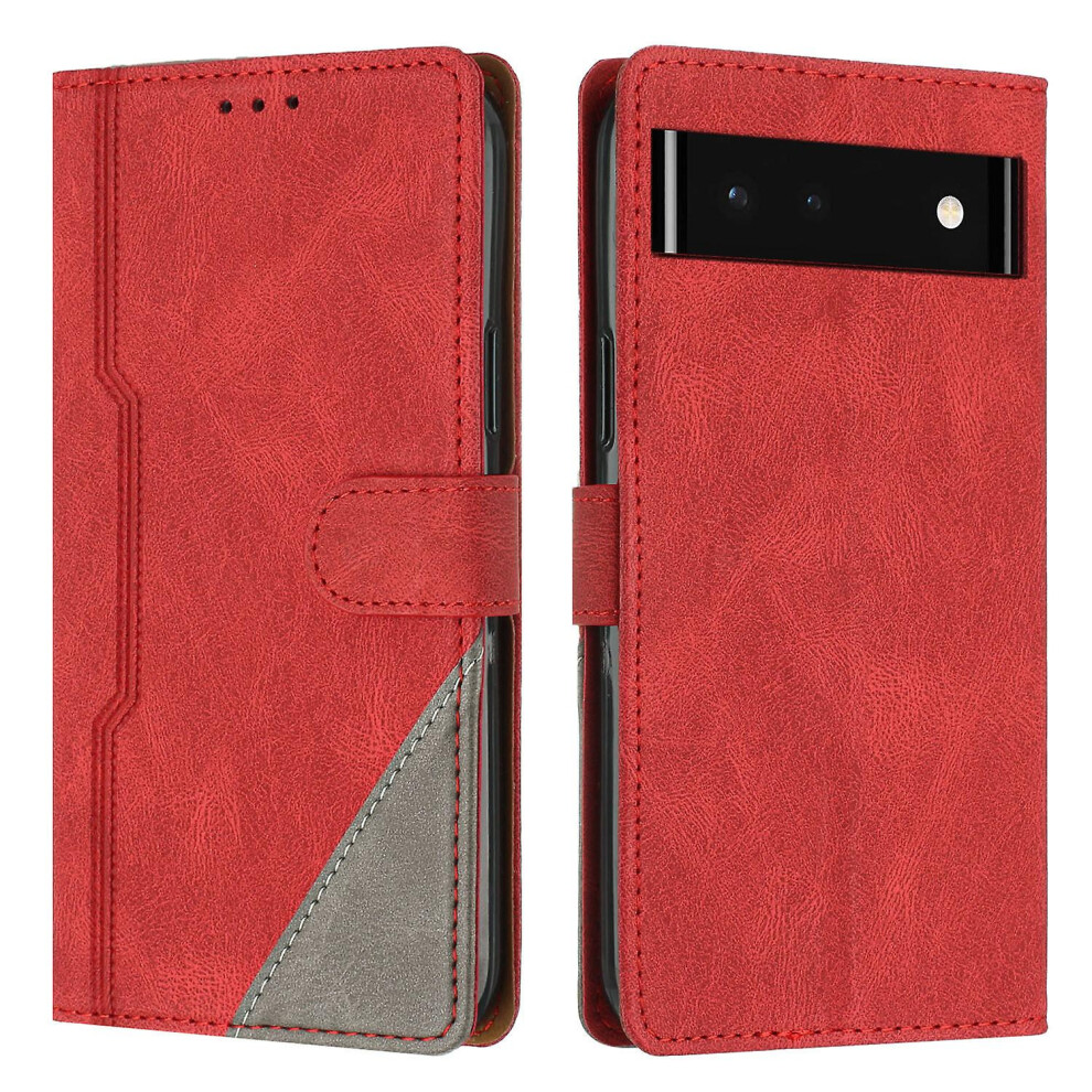 Leather Magnetic Clasp Case With Flip Wallet Stand Function Cover Compatible Google Pixel 6A: Red 6132027143485