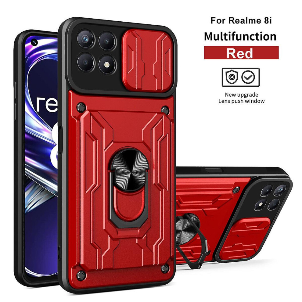 Magnetic Phone Case Compatible Oppo Realme 8I Slide Camera Lens Protection And Built In 360 Rotatable Ring Holder: Red 4584695235887