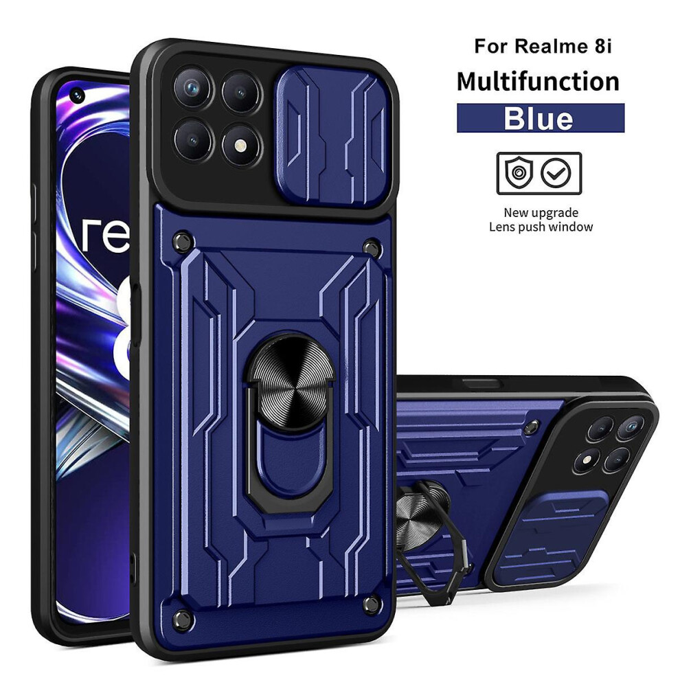 Magnetic Phone Case Compatible Oppo Realme 8I Slide Camera Lens Protection And Built In 360 Rotatable Ring Holder: Blue 4584695235856