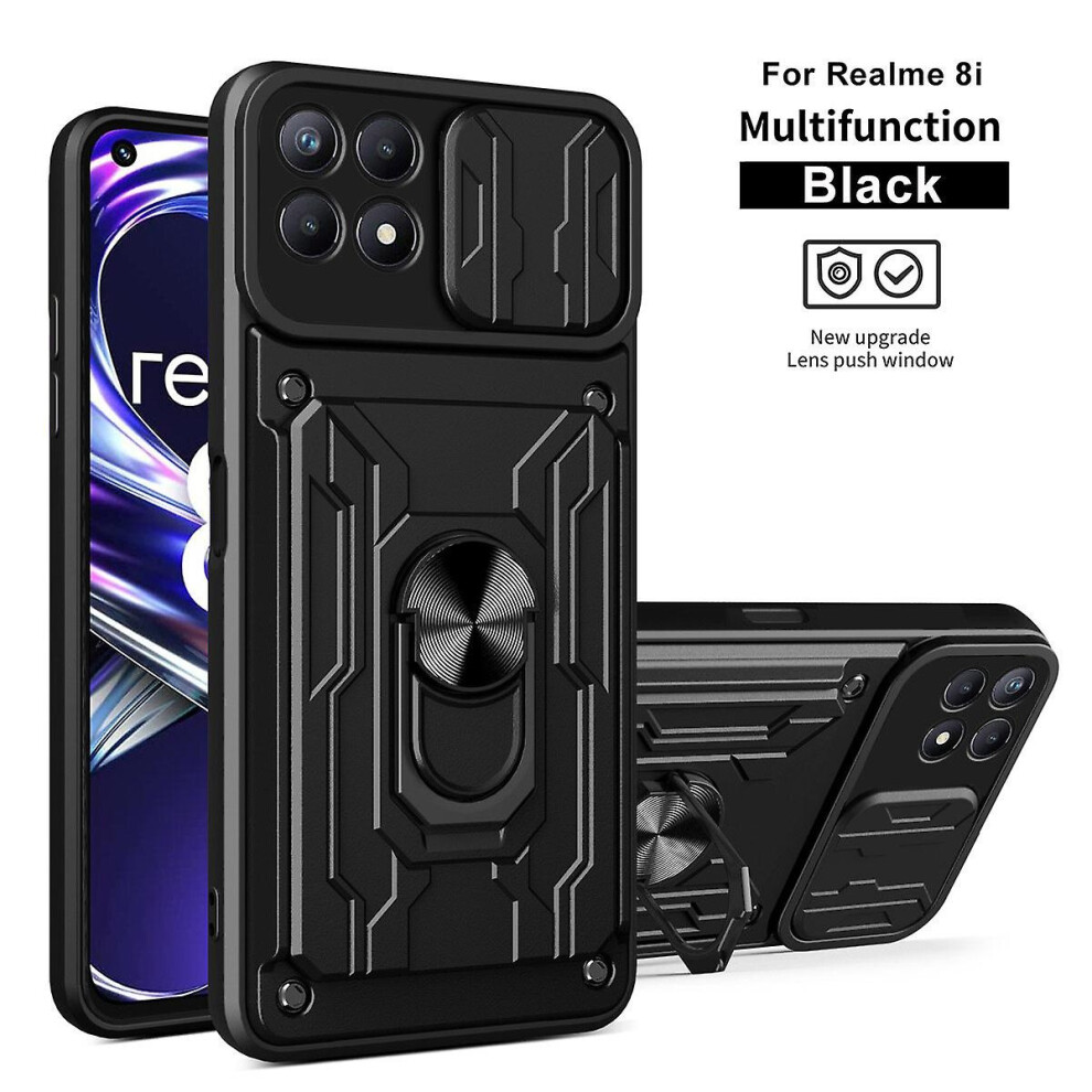 Magnetic Phone Case Compatible Oppo Realme 8I Slide Camera Lens Protection And Built In 360 Rotatable Ring Holder: Black 4584695235849
