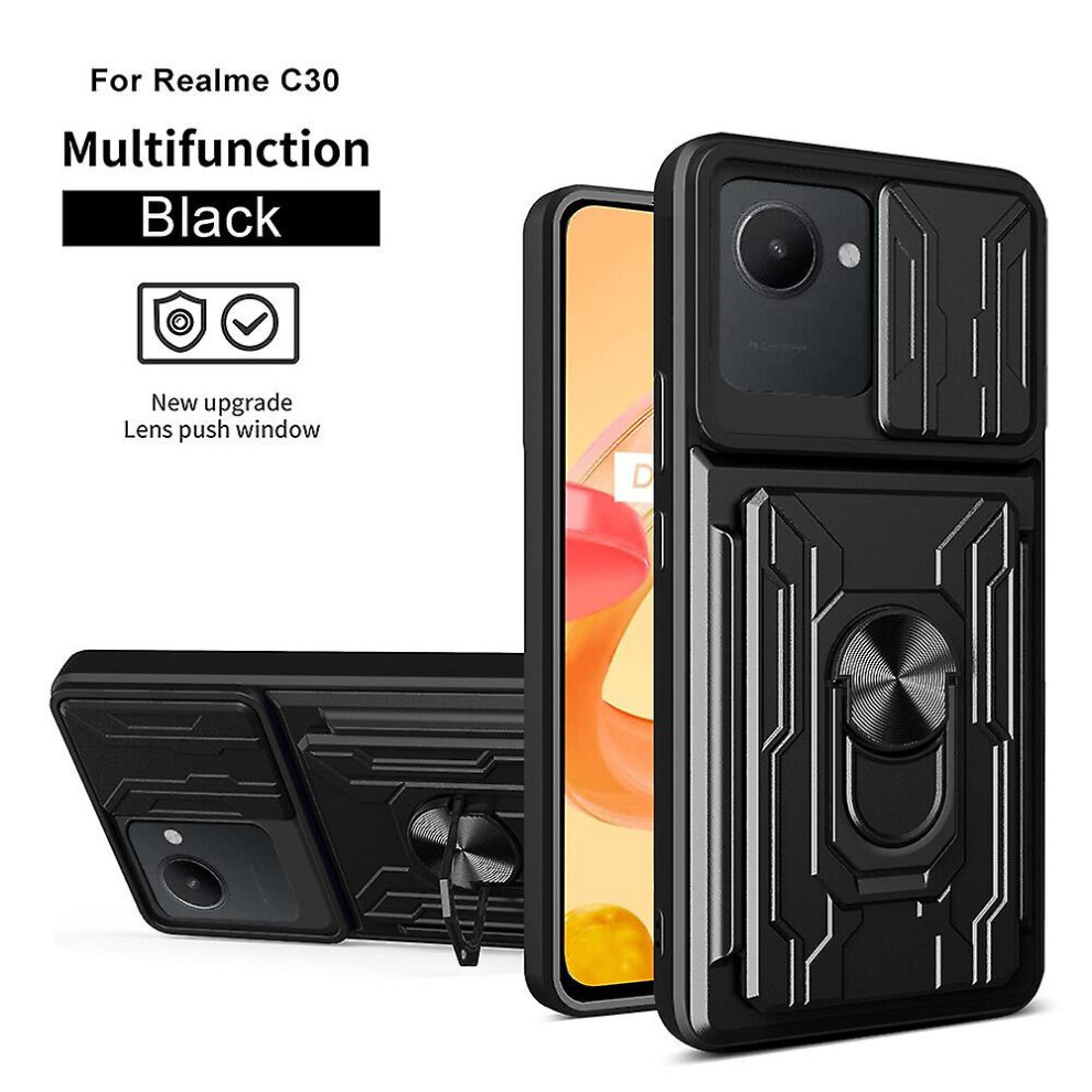 Magnetic Phone Case Compatible Oppo Realme C30 4G Slide Camera Lens Protection And Built In 360 Rotatable Ring Holder: Black 7357467398670