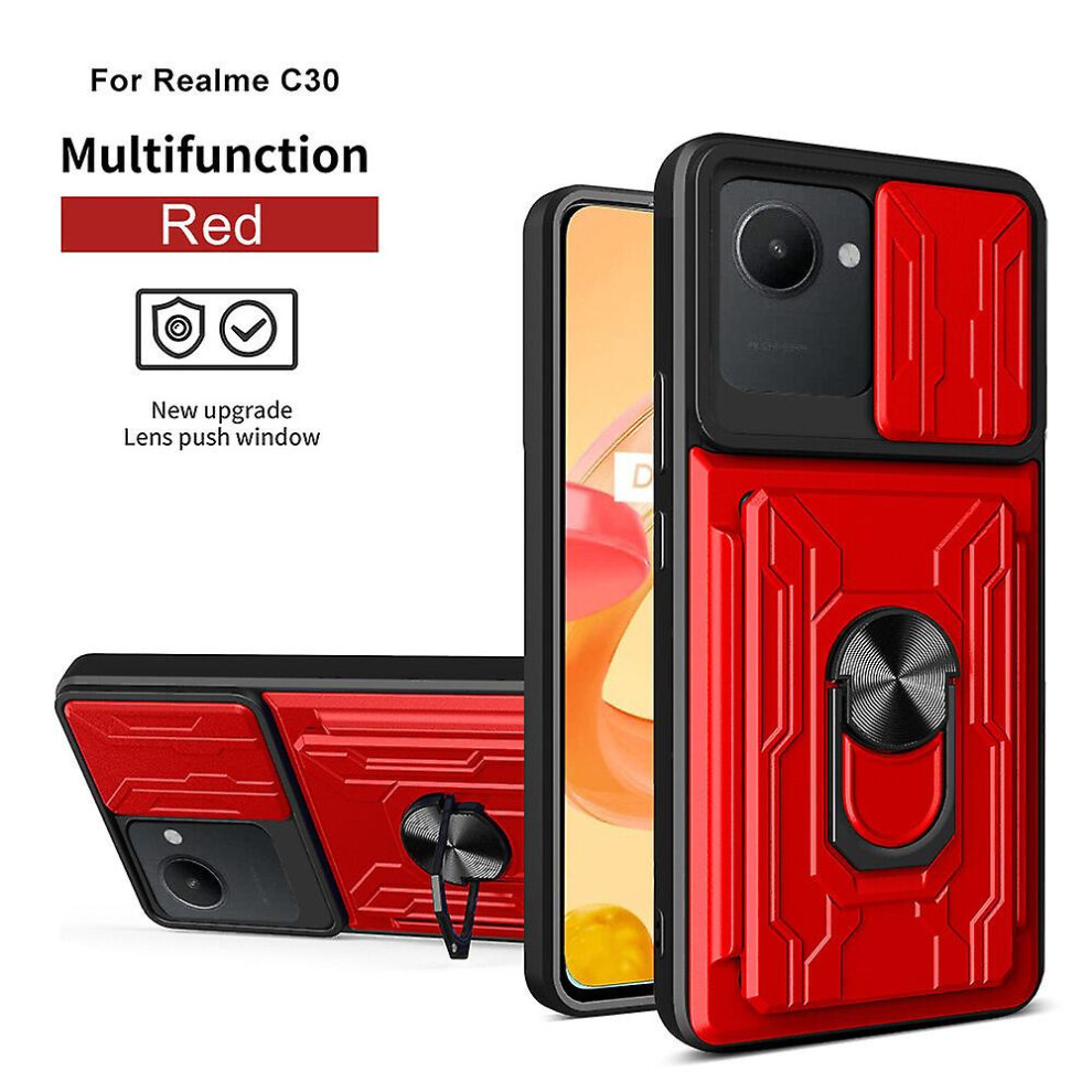 Magnetic Phone Case Compatible Oppo Realme C30 4G Slide Camera Lens Protection And Built In 360 Rotatable Ring Holder: Red 7357467398717