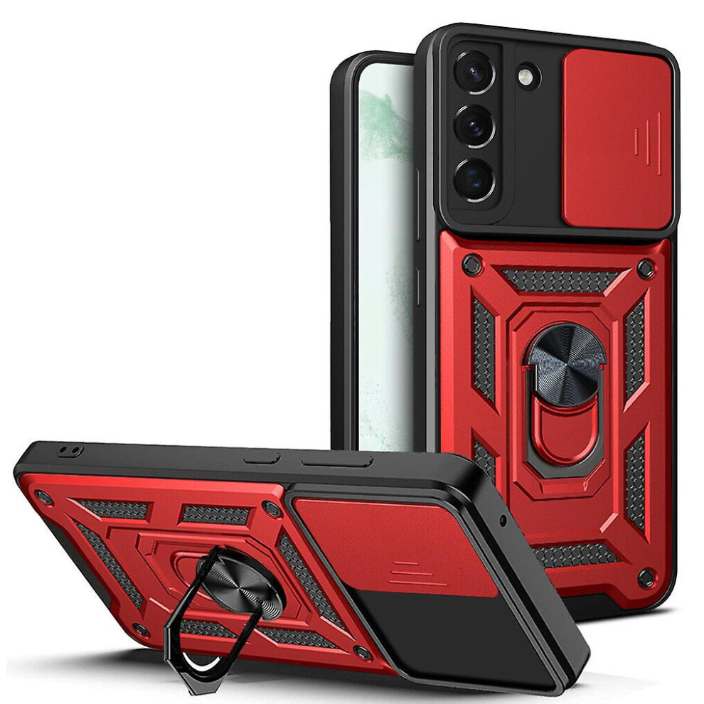 Magnetic Phone Case Compatible Samsung S22, Slide Camera Lens Protection And Built In 360 Rotatable Ring Holder: Red 8383763399607