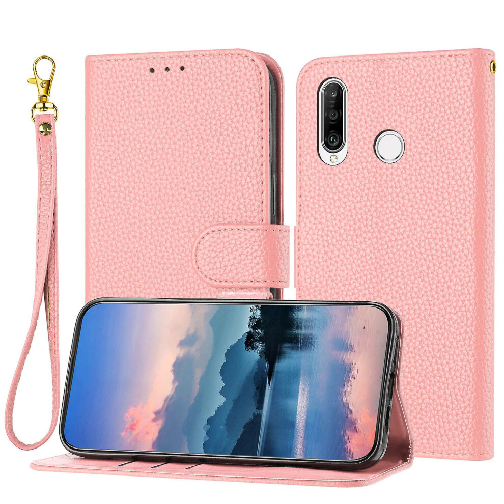 Compatible Huawei P30 Lite Case, Litchi Pu Leather Folio Cover Magnetic Closure Flip Wallet Card Slots Stand Case With Hand Strap,: Grain/Brown/Pink 4867270167965