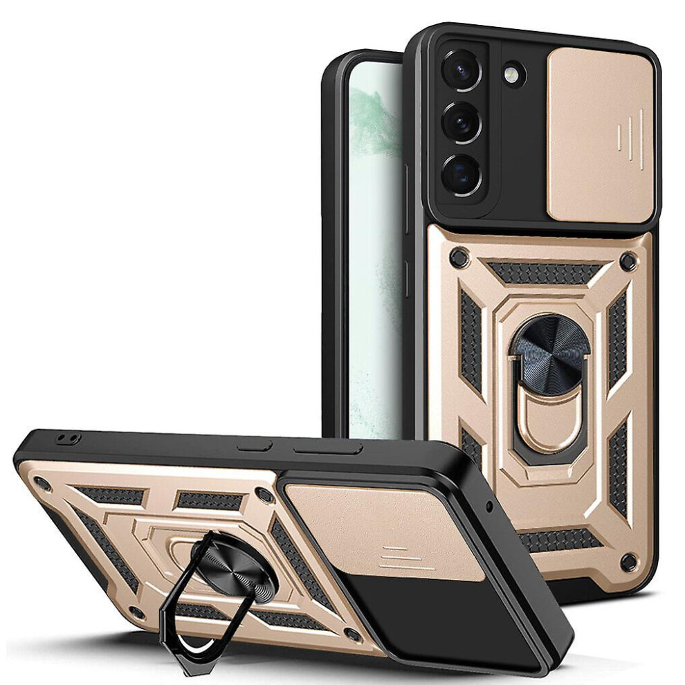 Magnetic Phone Case Compatible Samsung S22, Slide Camera Lens Protection And Built In 360 Rotatable Ring Holder: Gold 8383763399584