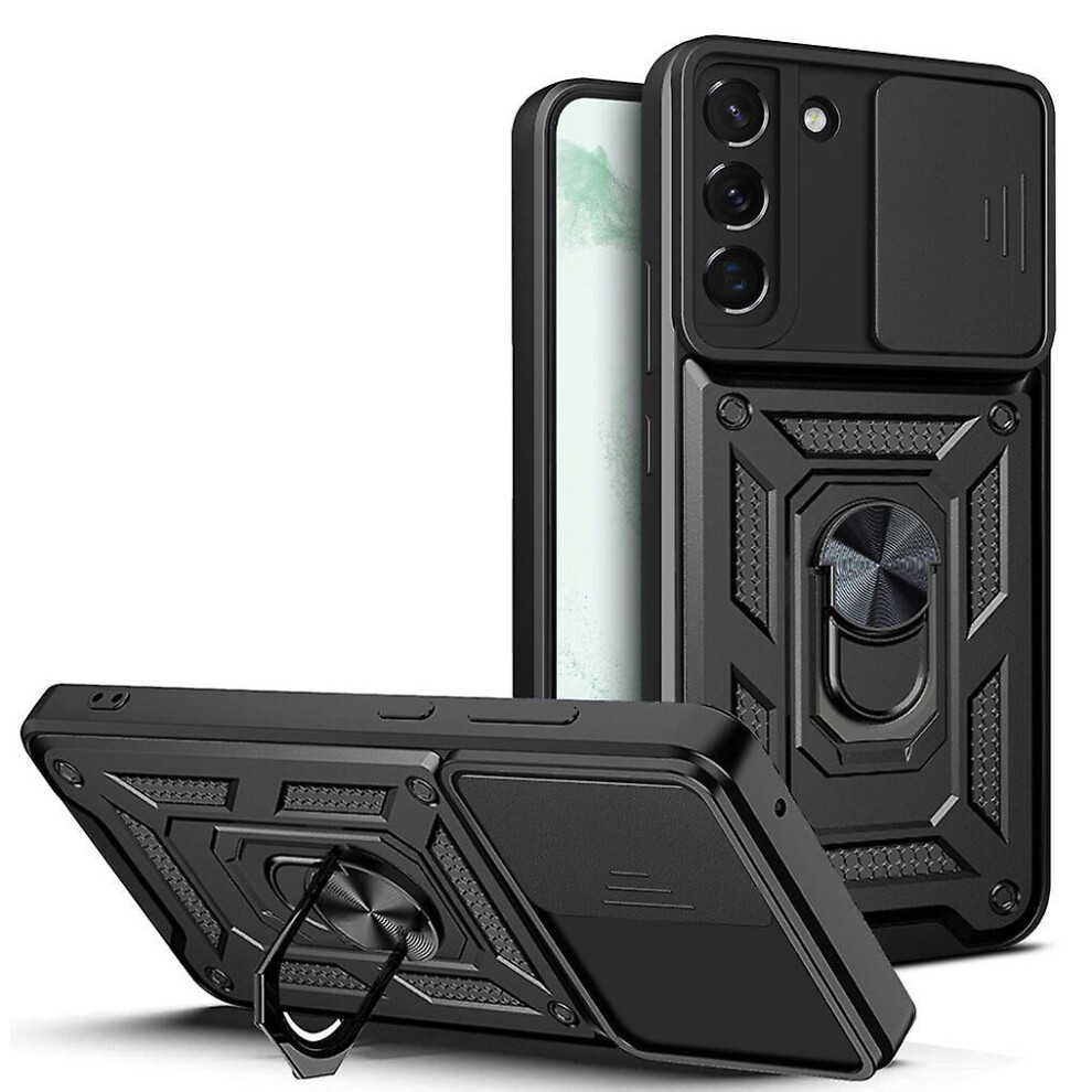 Magnetic Phone Case Compatible Samsung S22, Slide Camera Lens Protection And Built In 360 Rotatable Ring Holder: Black 8383763399560