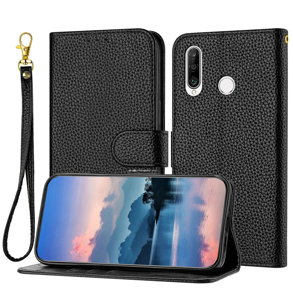 Compatible Huawei P30 Lite Case, Litchi Pu Leather Folio Cover Magnetic Closure Flip Wallet Card Slots Stand Case With Hand Strap,: Grain/Brown/Black 394318268604