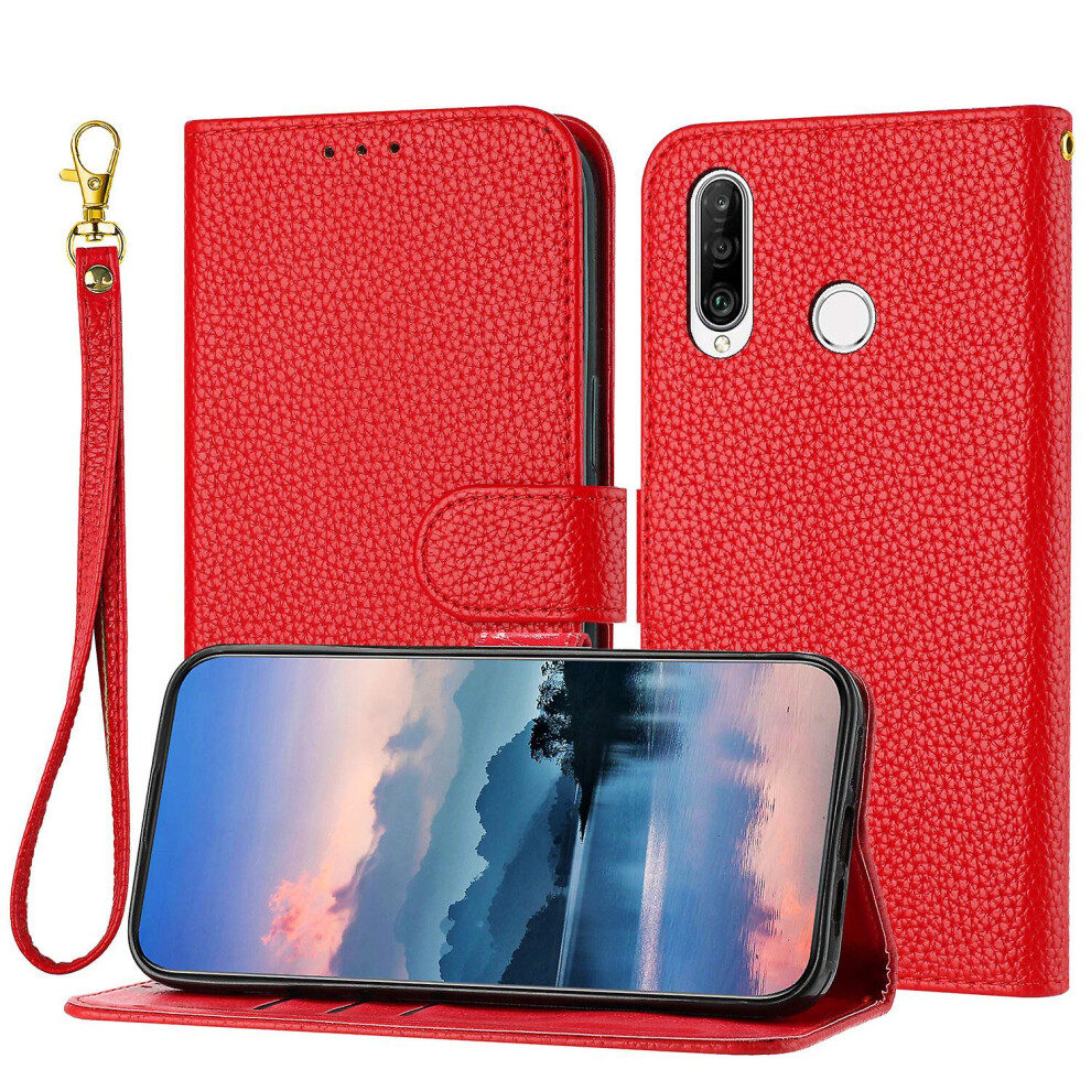 Compatible Huawei P30 Lite Case, Litchi Pu Leather Folio Cover Magnetic Closure Flip Wallet Card Slots Stand Case With Hand Strap,: Grain/Brown/Red 4867270167989